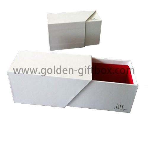 Snow white fancy paper drawer box with red inner paper and ribbon puller